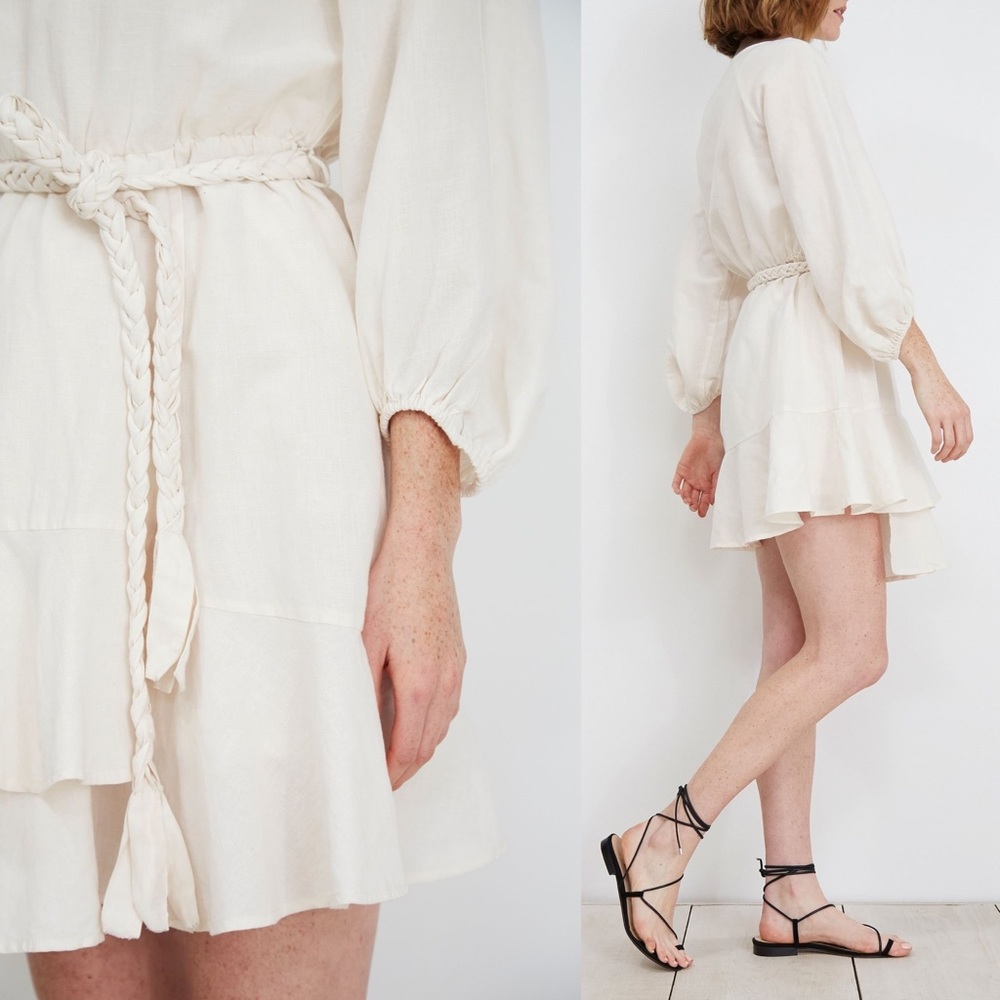 Apiece Apart | Sabine Mini Ivory Linen Wrap Tie Cotton Dress - Picture 2 of 8